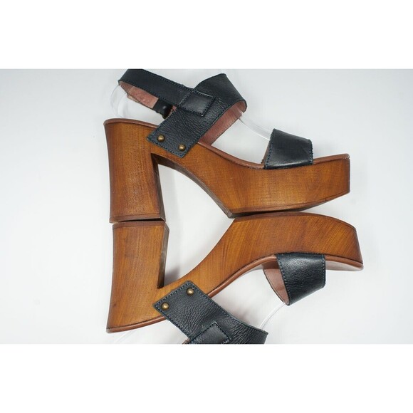 MUSSE & CLOUD 40 US9 Leiza Black Leather Sandals Wood Heel & Platform SPAIN - Picture 11 of 14